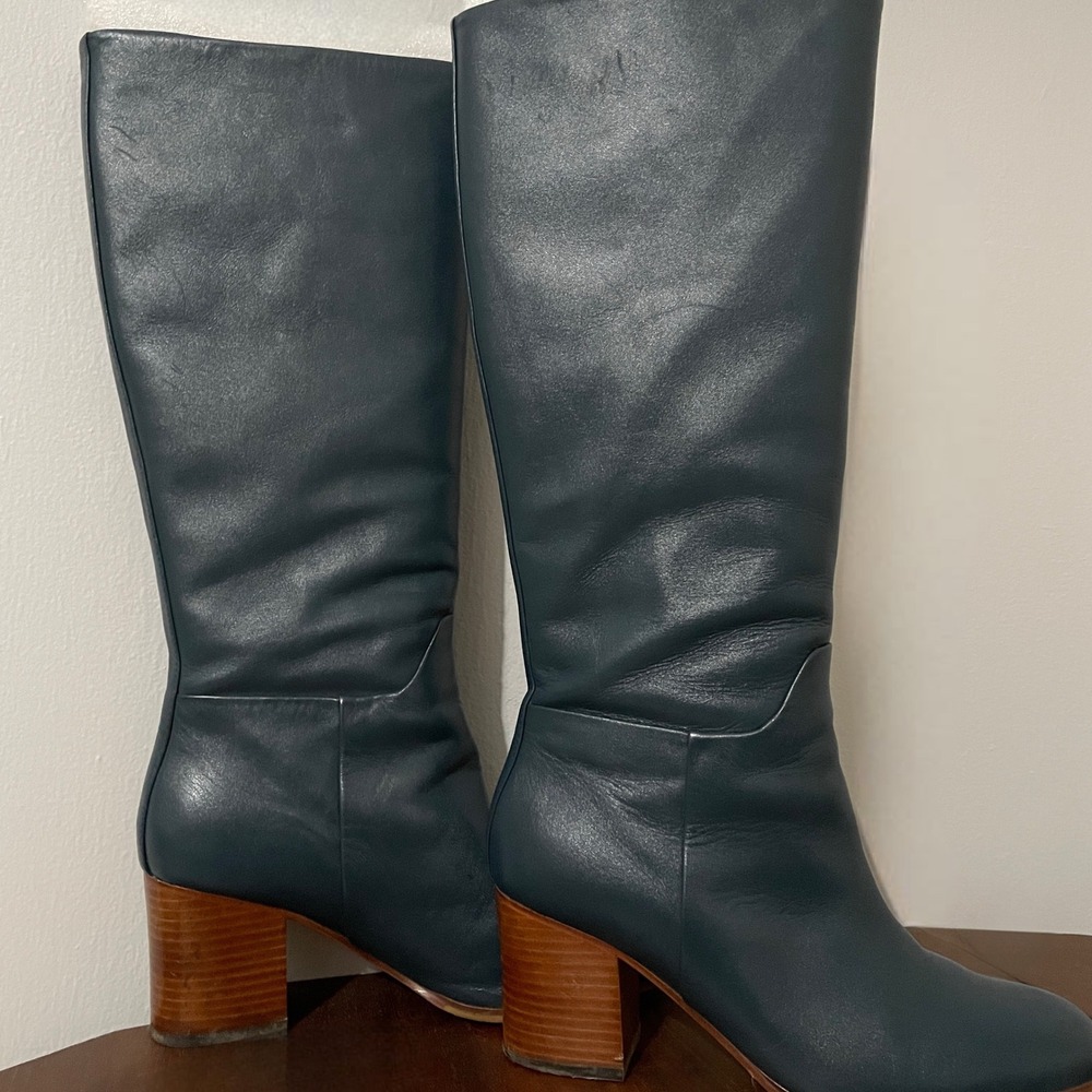 Boden Olivia Teal Leather Heeled Boots 38 Slip On Calf Boot - Picture 2 of 13